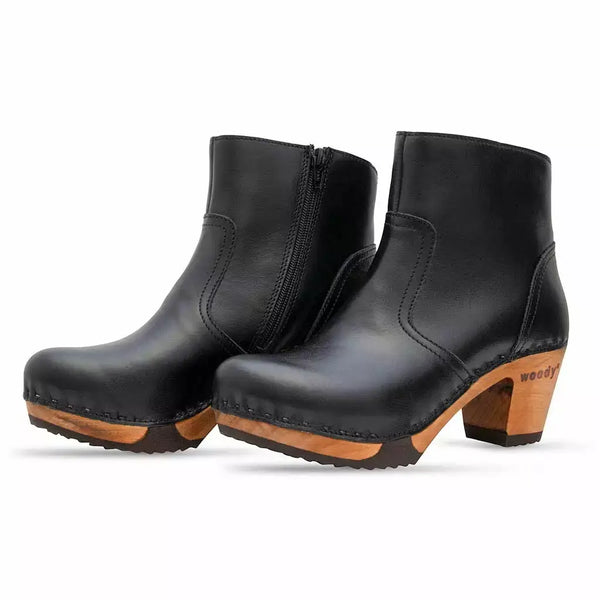 [Nero Glattleder] Tanja Damen Clog Stiefelette. woody holzschuhe. tanya ankle boots gefüttert, damenstiefel, stiefel, damenclogs mit flexibler, biegsamer holzsohle. holzclogs, clogs damen knöchel stiefel, damen clogs mit fussbett. ankleboots holz schuhe, holzclog, holzschuhe kaufen, Farbe: nero glattleder (schwarz) 