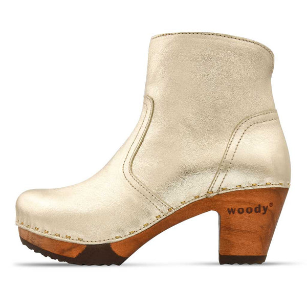 [Gold] Tanja Damen Clog Stiefelette, woody holzschuhe. tanja ankle boots gefüttert, damenstiefel, stiefel, damenclogs mit flexibler, biegsamer holzsohle. holzclogs, clogs damen knöchel stiefel, damen clogs mit fussbett. ankleboots holz schuhe, holzclog, holzschuhe kaufen, Farbe: gold