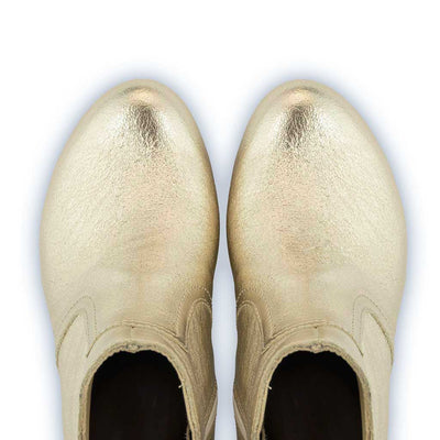 woody Tanja Damen-Clog-Stiefelette aus Leder in Gold mit biegsamer Holzsohle - handgefertigt in Oesterreich