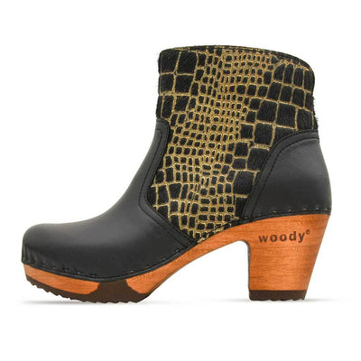 [Schwarz-Cocco Gold] Tanja Damen Clog Stiefelette, woody holzschuhe. tanya ankle boots gefüttert, damenstiefel, stiefel, damenclogs mit flexibler, biegsamer holzsohle. holzclogs, clogs damen knöchel stiefel, damen clogs mit fussbett. ankleboots holz schuhe, holzclog, holzschuhe kaufen, farbe: schwarz - cocco gold