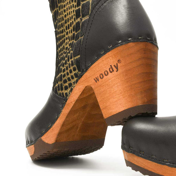 [Schwarz-Cocco Gold] Tanja Damen Clog Stiefelette, woody holzschuhe. tanya ankle boots gefüttert, damenstiefel, stiefel, damenclogs mit flexibler, biegsamer holzsohle. holzclogs, clogs damen knöchel stiefel, damen clogs mit fussbett. ankleboots holz schuhe, holzclog, holzschuhe kaufen, farbe: schwarz - cocco gold