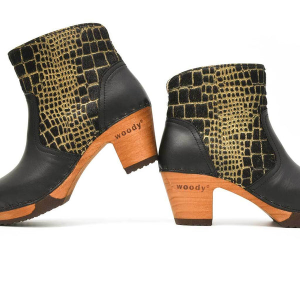 [Schwarz-Cocco Gold] Tanja Damen Clog Stiefelette, woody holzschuhe. tanya ankle boots gefüttert, damenstiefel, stiefel, damenclogs mit flexibler, biegsamer holzsohle. holzclogs, clogs damen knöchel stiefel, damen clogs mit fussbett. ankleboots holz schuhe, holzclog, holzschuhe kaufen, farbe: schwarz - cocco gold
