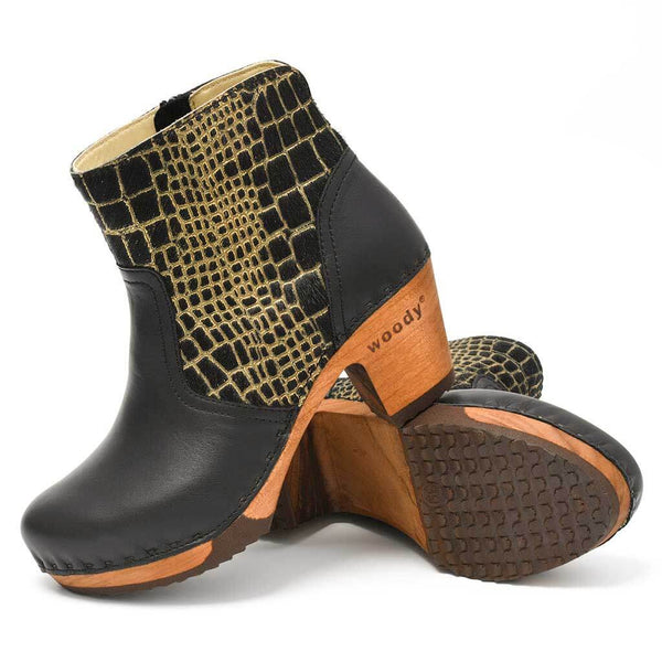[Schwarz-Cocco Gold] Tanja Damen Clog Stiefelette, woody holzschuhe. tanya ankle boots gefüttert, damenstiefel, stiefel, damenclogs mit flexibler, biegsamer holzsohle. holzclogs, clogs damen knöchel stiefel, damen clogs mit fussbett. ankleboots holz schuhe, holzclog, holzschuhe kaufen, farbe: schwarz - cocco gold