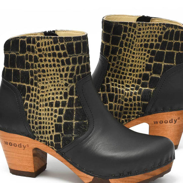 [Schwarz-Cocco Gold] Tanja Damen Clog Stiefelette, woody holzschuhe. tanya ankle boots gefüttert, damenstiefel, stiefel, damenclogs mit flexibler, biegsamer holzsohle. holzclogs, clogs damen knöchel stiefel, damen clogs mit fussbett. ankleboots holz schuhe, holzclog, holzschuhe kaufen, farbe: schwarz - cocco gold