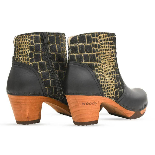 [Schwarz-Cocco Gold] Tanja Damen Clog Stiefelette, woody holzschuhe. tanya ankle boots gefüttert, damenstiefel, stiefel, damenclogs mit flexibler, biegsamer holzsohle. holzclogs, clogs damen knöchel stiefel, damen clogs mit fussbett. ankleboots holz schuhe, holzclog, holzschuhe kaufen, farbe: schwarz - cocco gold
