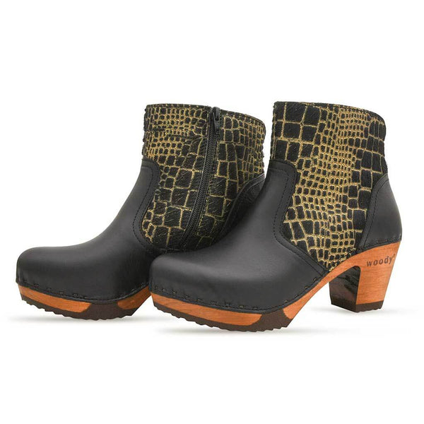 [Schwarz-Cocco Gold] Tanja Damen Clog Stiefelette, woody holzschuhe. tanya ankle boots gefüttert, damenstiefel, stiefel, damenclogs mit flexibler, biegsamer holzsohle. holzclogs, clogs damen knöchel stiefel, damen clogs mit fussbett. ankleboots holz schuhe, holzclog, holzschuhe kaufen, farbe: schwarz - cocco gold