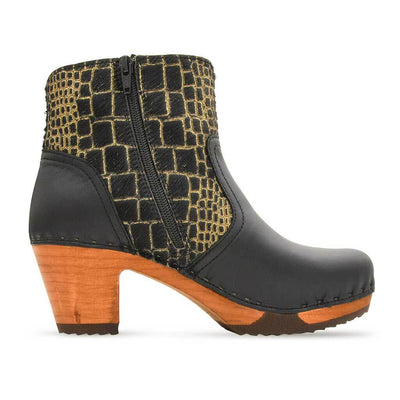 [Schwarz-Cocco Gold] Tanja Damen Clog Stiefelette, woody holzschuhe. tanya ankle boots gefüttert, damenstiefel, stiefel, damenclogs mit flexibler, biegsamer holzsohle. holzclogs, clogs damen knöchel stiefel, damen clogs mit fussbett. ankleboots holz schuhe, holzclog, holzschuhe kaufen, farbe: schwarz - cocco gold