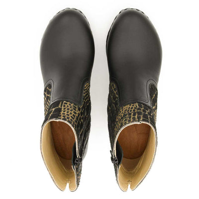 [Schwarz-Cocco Gold] Tanja Damen Clog Stiefelette, woody holzschuhe. tanya ankle boots gefüttert, damenstiefel, stiefel, damenclogs mit flexibler, biegsamer holzsohle. holzclogs, clogs damen knöchel stiefel, damen clogs mit fussbett. ankleboots holz schuhe, holzclog, holzschuhe kaufen, farbe: schwarz - cocco gold