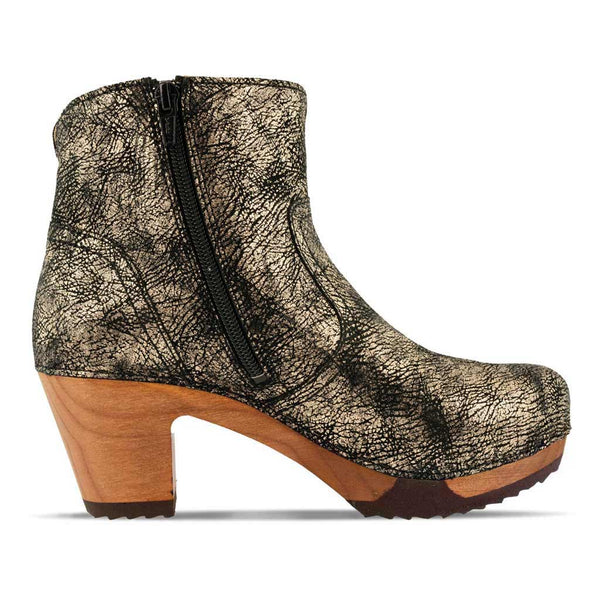 [Noirgold] Tanja Damen Clog Stiefelette, woody holzschuhe. tanja ankle boots gefüttert, damenstiefel, stiefel, damenclogs mit flexibler, biegsamer holzsohle. holzclogs, clogs damen knöchel stiefel, damen clogs mit fussbett. ankleboots holz schuhe, holzclog, holzschuhe kaufen, Farbe: noirgold (gold mit schwarzen cracks)