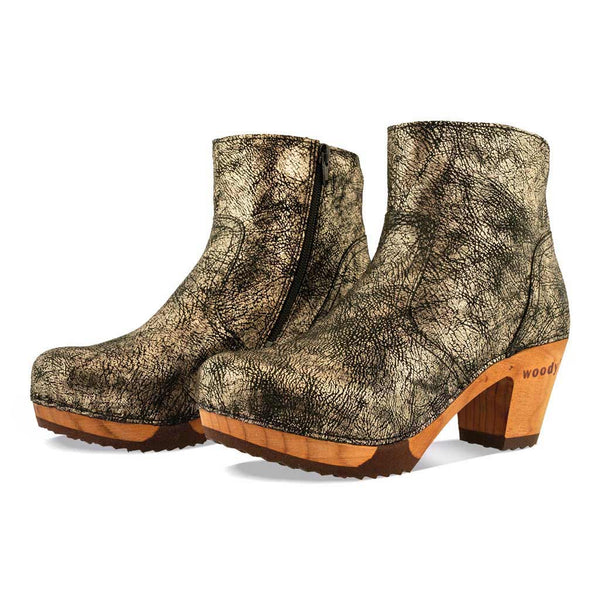 [Noirgold] Tanja Damen Clog Stiefelette, woody holzschuhe. tanja ankle boots gefüttert, damenstiefel, stiefel, damenclogs mit flexibler, biegsamer holzsohle. holzclogs, clogs damen knöchel stiefel, damen clogs mit fussbett. ankleboots holz schuhe, holzclog, holzschuhe kaufen, Farbe: noirgold (gold mit schwarzen cracks)