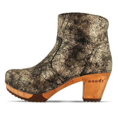 [Noirgold] Tanja Damen Clog Stiefelette, woody holzschuhe. tanja ankle boots gefüttert, damenstiefel, stiefel, damenclogs mit flexibler, biegsamer holzsohle. holzclogs, clogs damen knöchel stiefel, damen clogs mit fussbett. ankleboots holz schuhe, holzclog, holzschuhe kaufen, Farbe: noirgold (gold mit schwarzen cracks)
