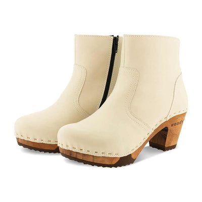 [Creme]Tanja Damen Clog Stiefelette, woody holzschuhe. tanja ankle boots gefüttert, damenstiefel, stiefel, damenclogs mit flexibler, biegsamer holzsohle. holzclogs, clogs damen knöchel stiefel, damen clogs mit fussbett. ankleboots holz schuhe, holzclog, holzschuhe kaufen, farbe: creme