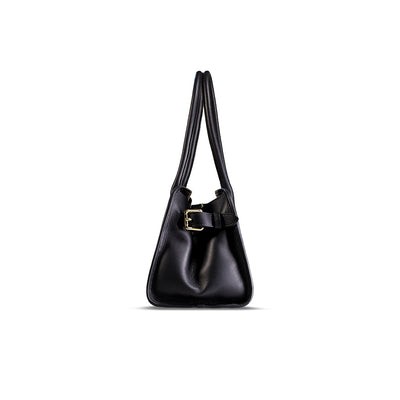 woody Frida Damen-Handtasche aus Natur-Fell in Schwarz, Seitenansicht mit Henkel