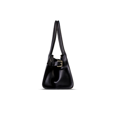 woody Frida Damen-Handtasche aus Natur-Fell in Schwarz, Rueckansicht mit Lederhenkel