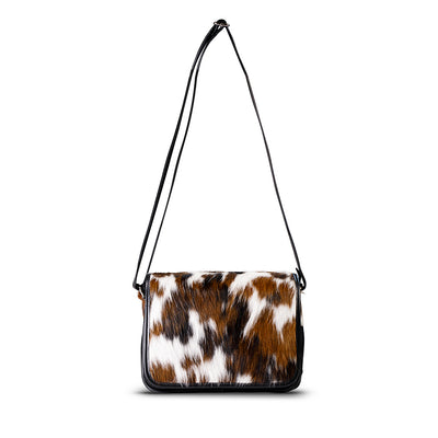 woody Klara Damen-Handtasche aus Natur-Fell in Schwarz-Braun mit Lederhenkel