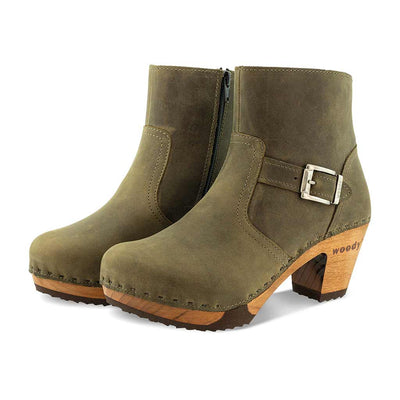 [Olivia] Tina Damen Clog Stiefelette woody Schuhe. Damen Stiefelette mit Absatz. Clog mit Kalbslederfutter als Damenstiefel. Damenclogs, Damen Clogs - Clogs Damen. Holzschuhe für Damen, Damen Clogs, Holzclogs, Damen Pantoletten mit Holzsohle. Farbe: Olivi (Olivgruen)