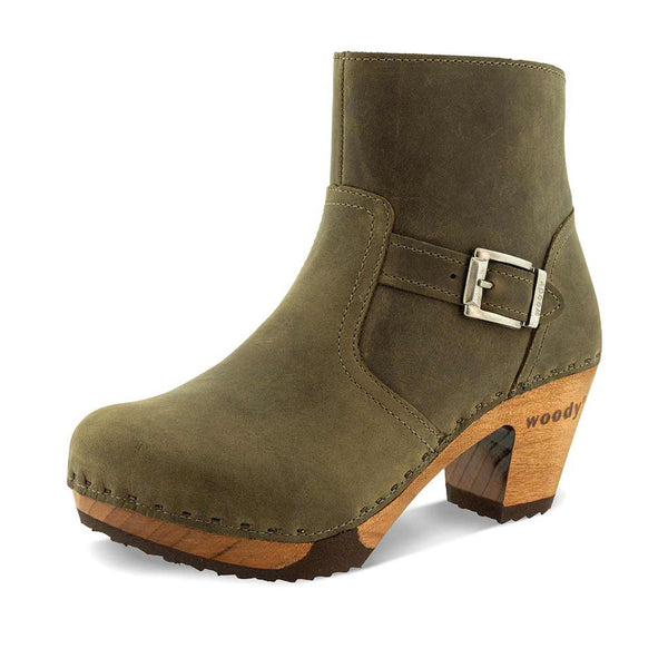 [Olivia] Tina Damen Clog Stiefelette woody Schuhe. Damen Stiefelette mit Absatz. Clog mit Kalbslederfutter als Damenstiefel. Damenclogs, Damen Clogs - Clogs Damen. Holzschuhe für Damen, Damen Clogs, Holzclogs, Damen Pantoletten mit Holzsohle. Farbe: Olivi (Olivgruen)