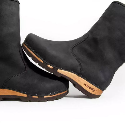 [Nero] Ulli Damen Clog Schlupfstiefel mit biegsamer nachhaltiger holzsohle, farbe: nero (schwarz), holzclogs woody schuhe, woody shoes, handgemachte holzschuhe aus österreich kärnten