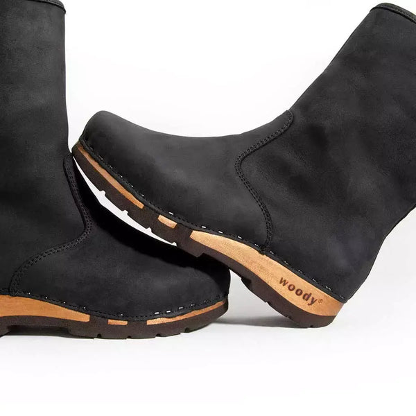 [Nero] Ulli Damen Clog Schlupfstiefel mit biegsamer nachhaltiger holzsohle, farbe: nero (schwarz), holzclogs woody schuhe, woody shoes, handgemachte holzschuhe aus österreich kärnten