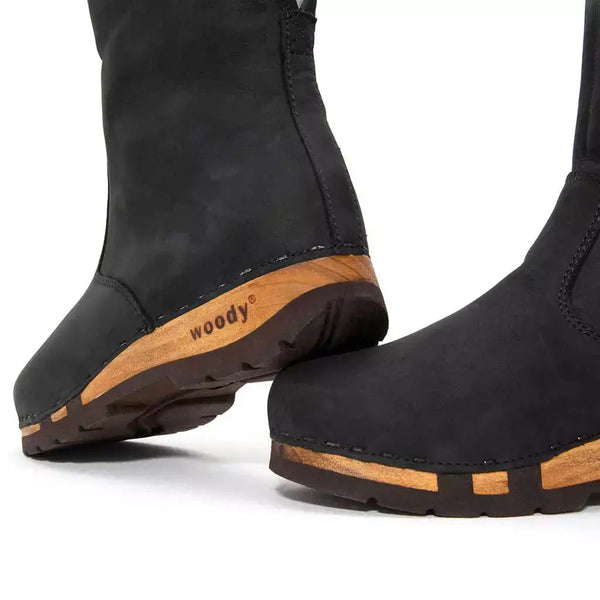 [Nero] Ulli Damen Clog Schlupfstiefel mit biegsamer nachhaltiger holzsohle, farbe: nero (schwarz), holzclogs woody schuhe, woody shoes, handgemachte holzschuhe aus österreich kärnten