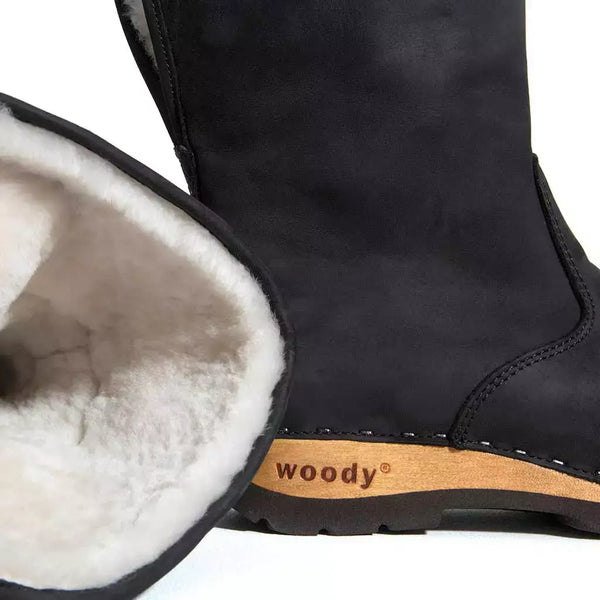 [Nero] Ulli Damen Clog Schlupfstiefel mit biegsamer nachhaltiger holzsohle, farbe: nero (schwarz), holzclogs woody schuhe, woody shoes, handgemachte holzschuhe aus österreich kärnten