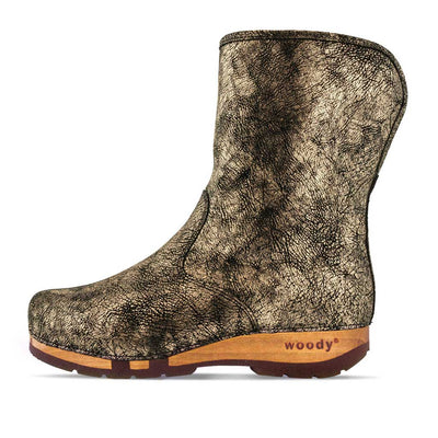 [Noirgold] Ulli Damen Clog Schlupfstiefel mit biegsamer nachhaltiger holzsohle, holzclogs woody schuhe, woody shoes, handgemachte holzschuhe aus österreich kärnten, farbe: Noirgold (gold mit schwarzen cracks)