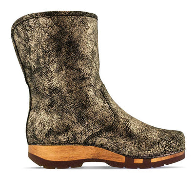 [Noirgold] Ulli Damen Clog Schlupfstiefel mit biegsamer nachhaltiger holzsohle, holzclogs woody schuhe, woody shoes, handgemachte holzschuhe aus österreich kärnten, farbe: Noirgold (gold mit schwarzen cracks)