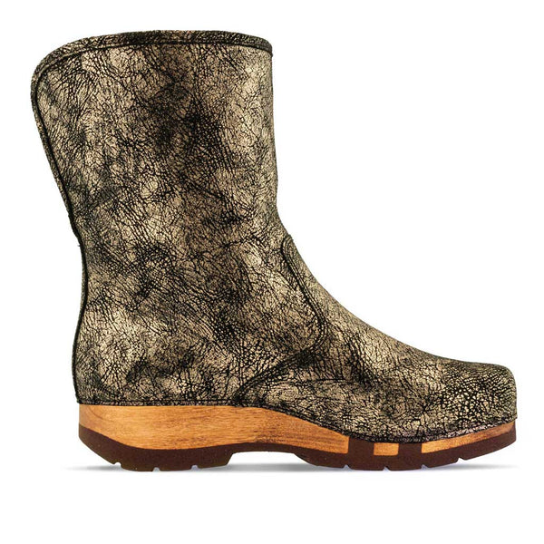 [Noirgold] Ulli Damen Clog Schlupfstiefel mit biegsamer nachhaltiger holzsohle, holzclogs woody schuhe, woody shoes, handgemachte holzschuhe aus österreich kärnten, farbe: Noirgold (gold mit schwarzen cracks)