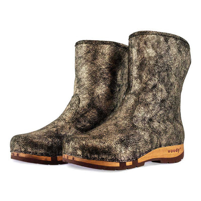 [Noirgold] Ulli Damen Clog Schlupfstiefel mit biegsamer nachhaltiger holzsohle, holzclogs woody schuhe, woody shoes, handgemachte holzschuhe aus österreich kärnten, farbe: Noirgold (gold mit schwarzen cracks)