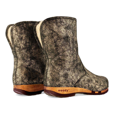 [Noirgold] Ulli Damen Clog Schlupfstiefel mit biegsamer nachhaltiger holzsohle, holzclogs woody schuhe, woody shoes, handgemachte holzschuhe aus österreich kärnten, farbe: Noirgold (gold mit schwarzen cracks)