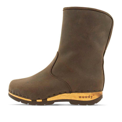 [Caffe] Ulli Damen Clog Schlupfstiefel mit biegsamer nachhaltiger holzsohle, farbe: caffe braun, holzclogs woody schuhe, woody shoes, handgemachte holzschuhe aus österreich kärnten