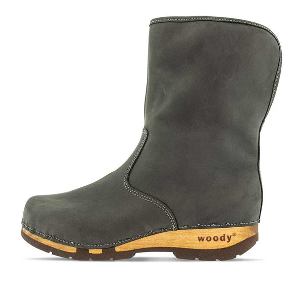 [Grigio] Ulli Damen Clog Schlupfstiefel mit biegsamer nachhaltiger holzsohle, farbe: grigio (dunkelgrau), holzclogs woody schuhe, woody shoes, handgemachte holzschuhe aus österreich kärnten