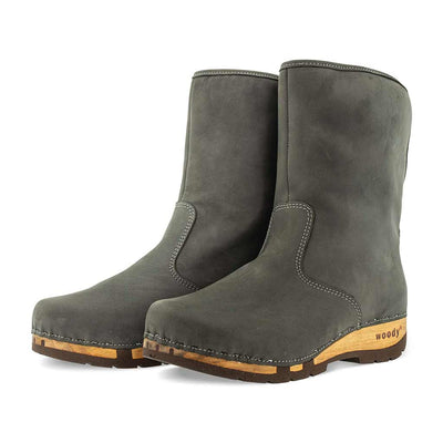 [Grigio] Ulli Damen Clog Schlupfstiefel mit biegsamer nachhaltiger holzsohle, farbe: grigio (dunkelgrau), holzclogs woody schuhe, woody shoes, handgemachte holzschuhe aus österreich kärnten