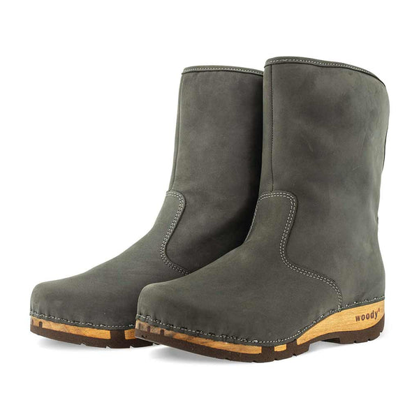 [Grigio] Ulli Damen Clog Schlupfstiefel mit biegsamer nachhaltiger holzsohle, farbe: grigio (dunkelgrau), holzclogs woody schuhe, woody shoes, handgemachte holzschuhe aus österreich kärnten