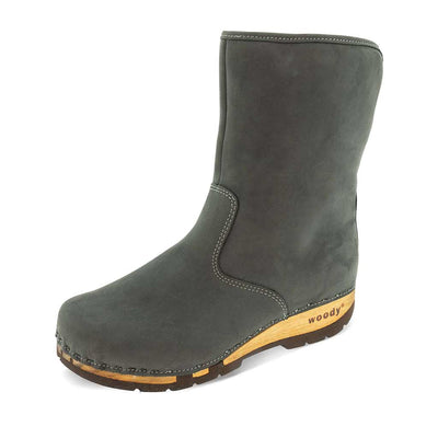[Grigio] Ulli Damen Clog Schlupfstiefel mit biegsamer nachhaltiger holzsohle, farbe: grigio (dunkelgrau), holzclogs woody schuhe, woody shoes, handgemachte holzschuhe aus österreich kärnten