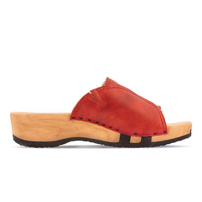 [Rosso] Vanessa Damen Pantolette mit biegsamer nachhaltiger holzsohle, der bestseller, farbe: rosso-rot, holzclogs woody, woody schuhe, woody shoes, handgemachte holzschuhe aus österreich, kärnten