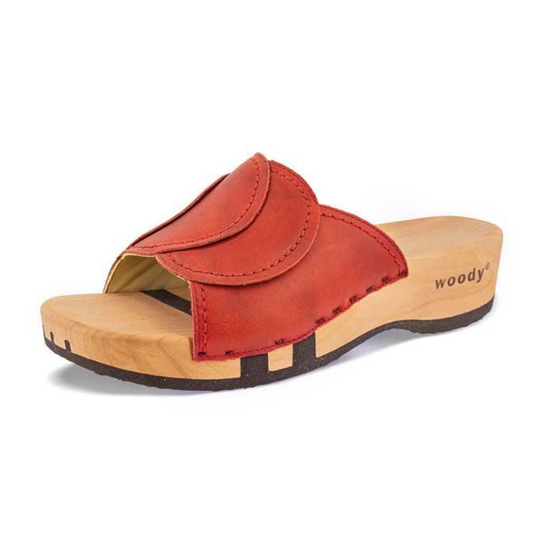 [Rosso] Vanessa Damen Pantolette mit biegsamer nachhaltiger holzsohle, der bestseller, farbe: rosso-rot, holzclogs woody, woody schuhe, woody shoes, handgemachte holzschuhe aus österreich, kärnten