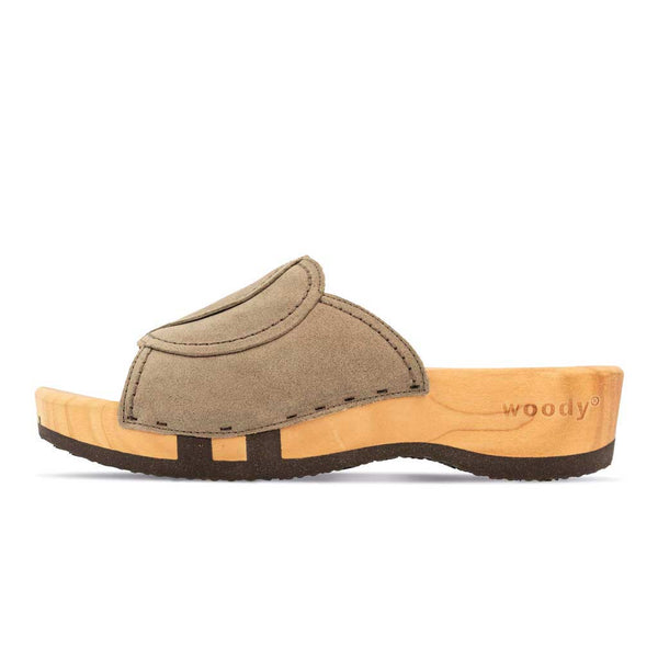 [Sand] Vanessa Damen Pantolette mit biegsamer nachhaltiger holzsohle, der bestseller, farbe: sand-warm_grey, holzclogs woody, woody schuhe, woody shoes, handgemachte holzschuhe aus österreich, kärnten