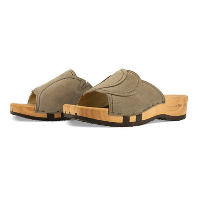[Sand] Vanessa Damen Pantolette mit biegsamer nachhaltiger holzsohle, der bestseller, farbe: sand-warm_grey, holzclogs woody, woody schuhe, woody shoes, handgemachte holzschuhe aus österreich, kärnten