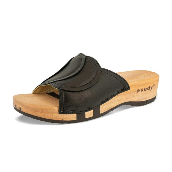 [Schwarz] Vanessa Damen Pantolette mit biegsamer nachhaltiger holzsohle, der bestseller, farbe: schwarz, holzclogs woody, woody schuhe, woody shoes, handgemachte holzschuhe aus österreich, kärnten