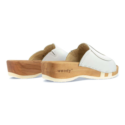 [Weiss] Vanessa Damen Pantolette mit biegsamer nachhaltiger holzsohle, der bestseller, farbe: weiss, holzclogs woody, woody schuhe, woody shoes, handgemachte holzschuhe aus österreich, kärnten