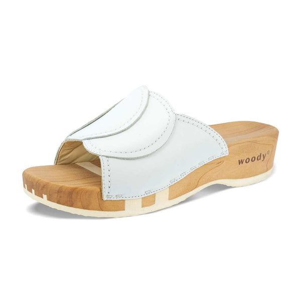 [Weiss] Vanessa Damen Pantolette mit biegsamer nachhaltiger holzsohle, der bestseller, farbe: weiss, holzclogs woody, woody schuhe, woody shoes, handgemachte holzschuhe aus österreich, kärnten