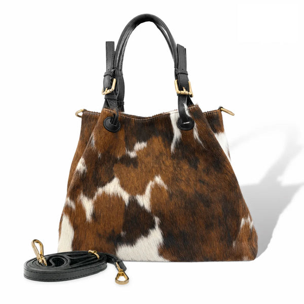 woody Victoria - schicke große Handtasche in Fell Natur-Schwarz, handgemacht in Österreich