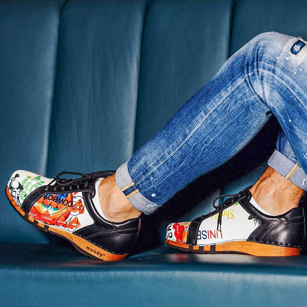 [Showtime] Wayne Herren Clog Sneaker mit biegsamer nachhaltiger holzsohle, der bestseller, farbe: showtime (multicolor-westwood), holzclogs woody, woody schuhe, woody shoes, handgemachte holzschuhe aus österreich, kärnten