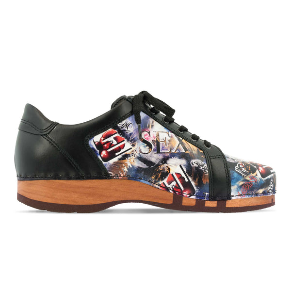 [Sex & Rock'n'Roll] Wayne Herren Clog Sneaker mit biegsamer nachhaltiger holzsohle, der bestseller, farbe: sex & rock'n'roll (multicolor), holzclogs woody, woody schuhe, woody shoes, handgemachte holzschuhe aus österreich, kärnten