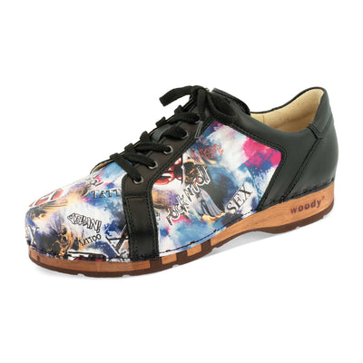 [Sex & Rock'n'Roll] Wayne Herren Clog Sneaker mit biegsamer nachhaltiger holzsohle, der bestseller, farbe: sex & rock'n'roll (multicolor), holzclogs woody, woody schuhe, woody shoes, handgemachte holzschuhe aus österreich, kärnten