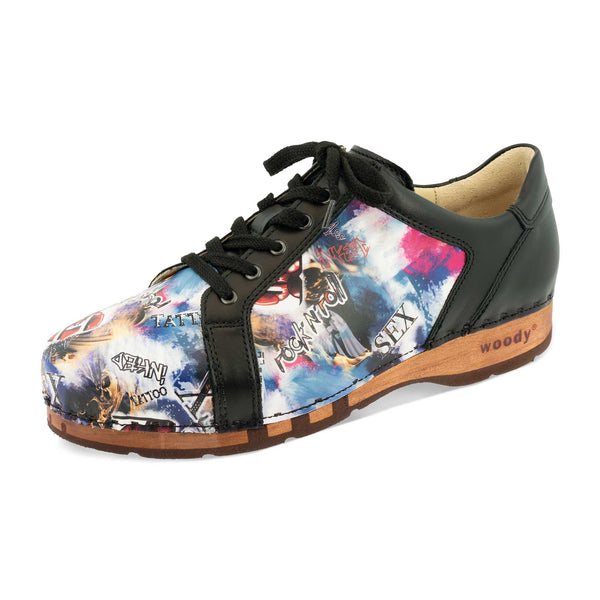 [Sex & Rock'n'Roll] Wayne Herren Clog Sneaker mit biegsamer nachhaltiger holzsohle, der bestseller, farbe: sex & rock'n'roll (multicolor), holzclogs woody, woody schuhe, woody shoes, handgemachte holzschuhe aus österreich, kärnten