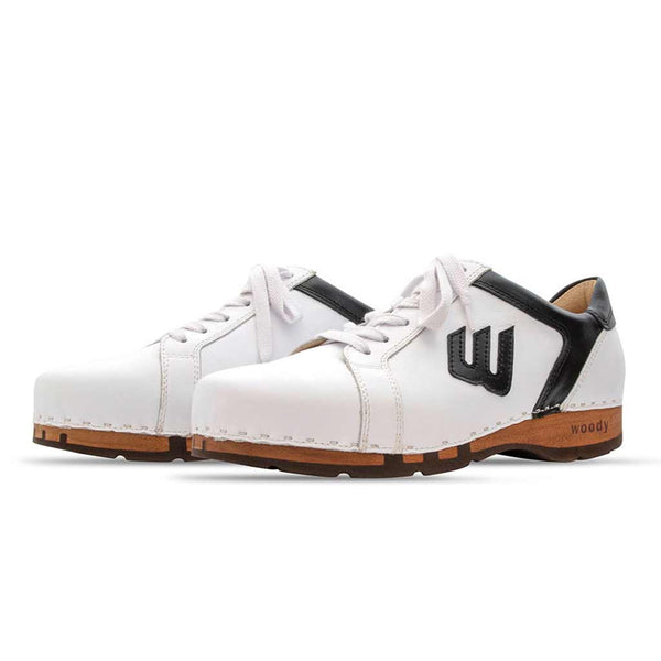 [Weiss-Schwarz] Wayne Herren Clog Sneaker mit biegsamer nachhaltiger holzsohle, der bestseller, farbe: weiss-schwarz, holzclogs woody, woody schuhe, woody shoes, handgemachte holzschuhe aus österreich, kärnten