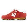 [Rosso-Weiss] Wayne Herren Clog Sneaker, woody holzschuhe. herren clogs, flexible, biegsame holzsohle. holzclogs, sneaker clogs herren, männer clogs mit fussbett. woody leder clogs herren. holzclogs, holzschuhe bestellen. farbe: rosso-weiss (rot-weiss), logo detailansicht