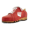 [Rosso-Weiss] Wayne Herren Clog Sneaker, woody holzschuhe. herren clogs, flexible, biegsame holzsohle. holzclogs, sneaker clogs herren, männer clogs mit fussbett. woody leder clogs herren. holzclogs, holzschuhe bestellen. farbe: rosso-weiss (rot-weiss), logo detailansicht
